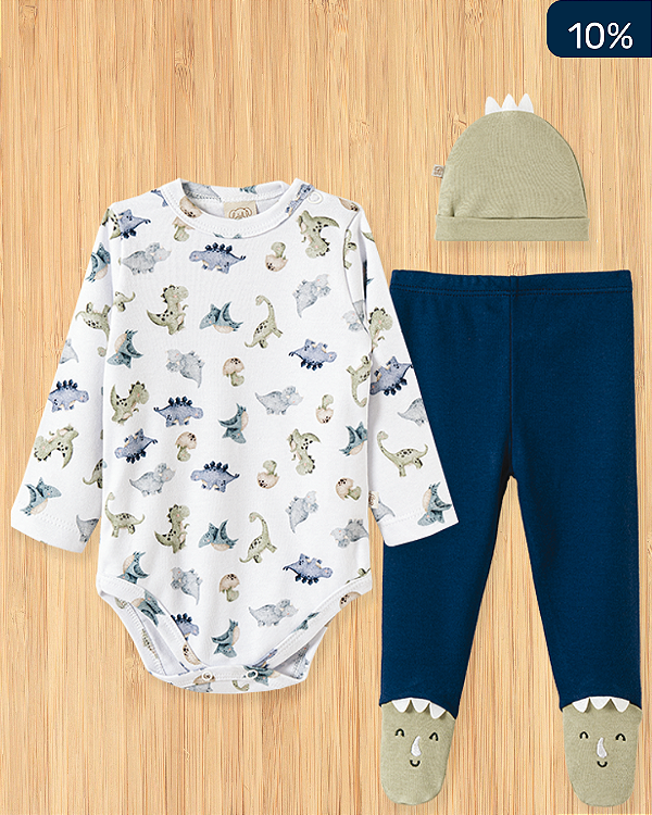 Conjunto de Bebê Dinossauro - Body, Calça e Gorro em Algodão Macio