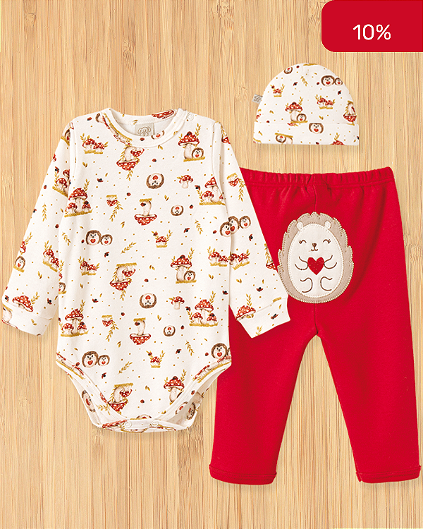 Conjunto de Bebê Ouriço - Body Vermelho, Calça Estampada e Gorro