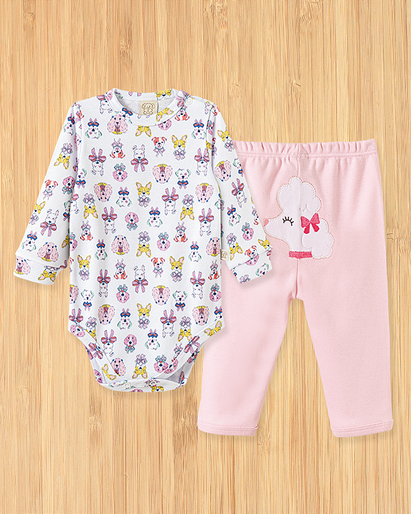 Conjunto Body Manga Longa e Calça Bebê Estampa Cachorrinhos e Poodle