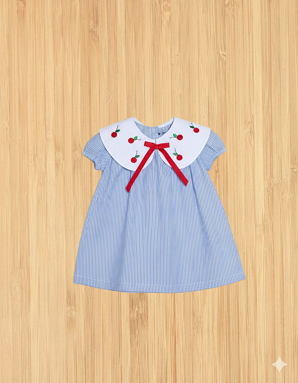 Vestido Gola Cereja Infantil - Listrado Azul com Bordado