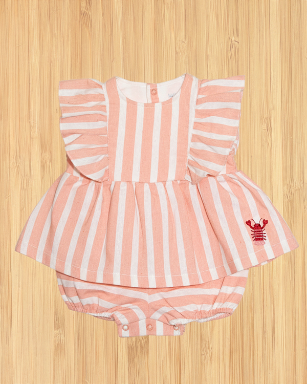 Macacão Shorts Listrado Rosa Lagosta - Conjunto Infantil