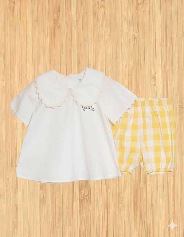 Conjunto Shorts Vichy Fruit - Bata Off White com Bordado
