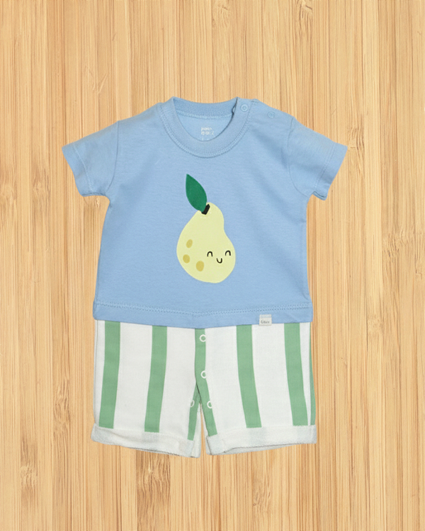Macacão Listrado Pera - Conjunto Infantil Azul e Off White com listras verdes