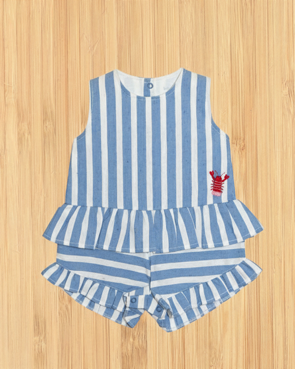 Macacão Listrado Lagosta - Conjunto Infantil Azul e Branco