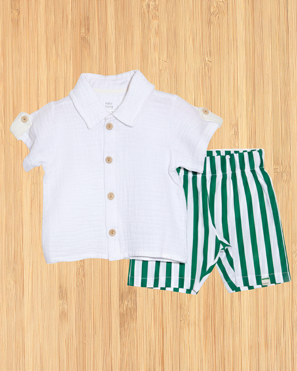 Conjunto Camisa Algodão com Bermuda Listras Verde Baby