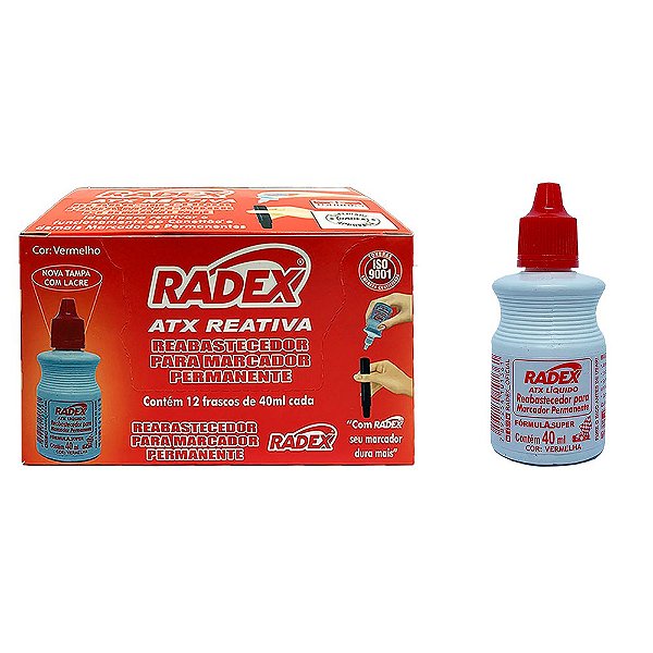 REABASTECEDOR PARA PINCEL PERMANENTE RADEX VERMELHO 40ML CAIXA COM 12 UNIDADES