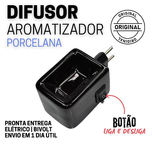 Aromatizador Difusor de aromas de óleos essenciais Elétrico Bivolt Porcelana Preto com botão liga e desliga