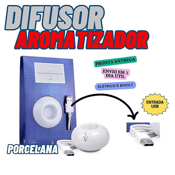 Difusor Aromatizador Elétrivo Bivolt Porcelana USB Branco Via Aroma