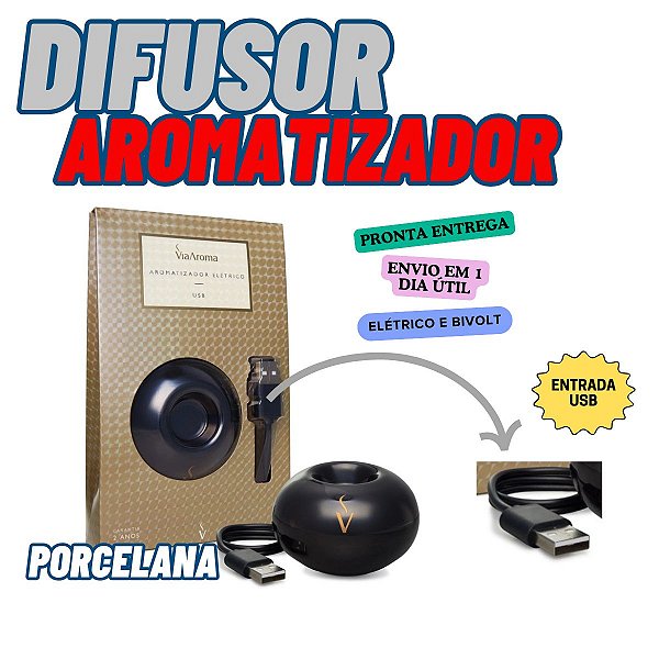 Difusor Aromatizador Elétrivo Bivolt Porcelana USB Preto Via Aroma