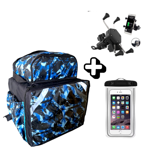 Kit bag LAMINADA 45 litros canguru Camuflada azul + Suporte de celular com carregador + Capinha a prova d' água