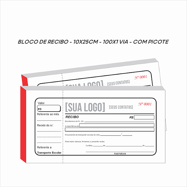 Bloco de recibo - 10x25cm - 100x1 via - papel sulfite 75g - com picote