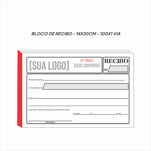 Bloco de recibo - 14x20cm - 100x1 via - papel sulfite 75g