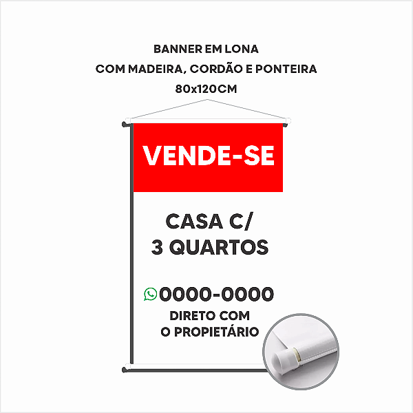 Banner em Lona - 80x120cm - Madeira, cordão e ponteira