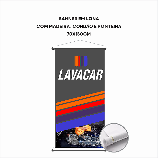 Banner em Lona - 70x150cm - Madeira, cordão e ponteira