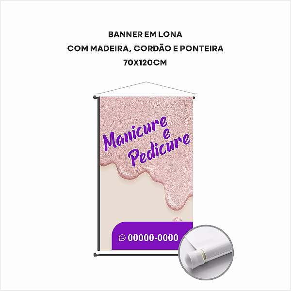 Banner em Lona - 70x120cm - Madeira, cordão e ponteira