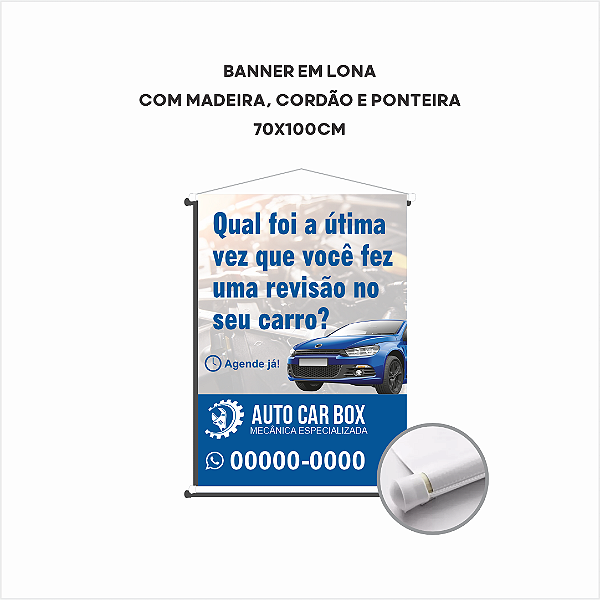 Banner em Lona - 70x100cm - Madeira, cordão e ponteira