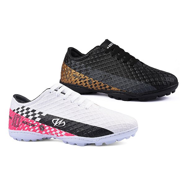 Kit 2 Pares Chuteira Society Futebol Runway Winner Masculino - Branco E Preto