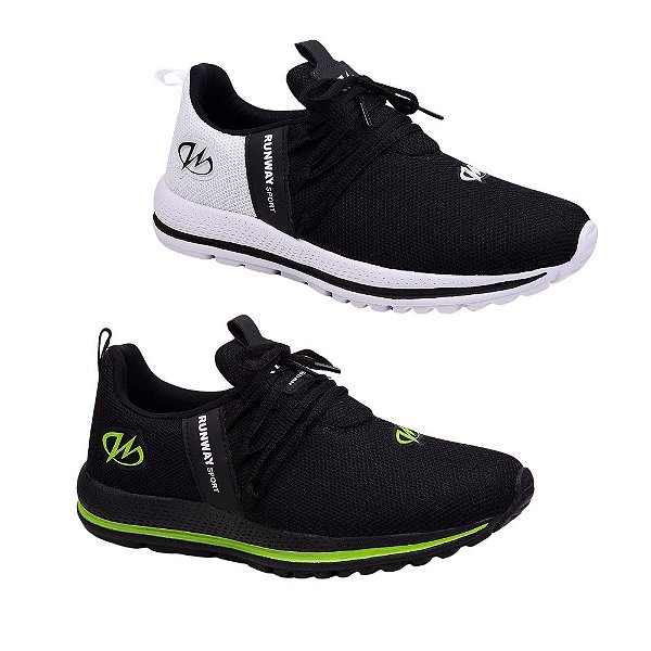 Kit 2 Pares Tênis Esportivo Academia Runway Running Masculino - Preto/Verde E Branco/Preto