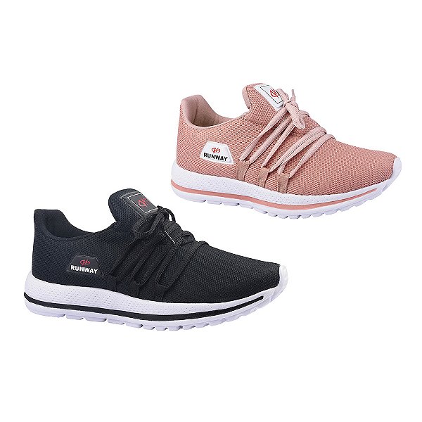 Kit 2 Pares De Tênis Caminhada Corrida Academia Runway Soft Feminino - Preto E Nude