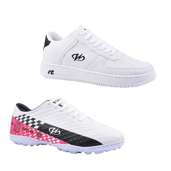 Kit Chuteira Society E Tênis Estilo Retrô Runway Masculino - Branco E Branco/Preto