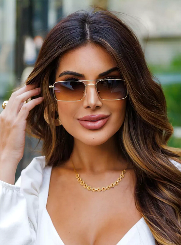 Óculos de Sol Retangular Hawai - Marrom Degradê Dourado - Metal