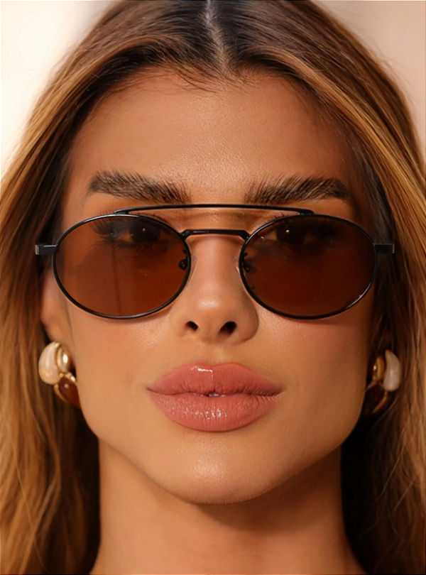 Óculos de Sol Redondo Oval New Gold - Marrom Preto - Metal