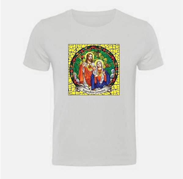 Blusa básica unissex Sagrados Corações de Jesus e Maria em algodão