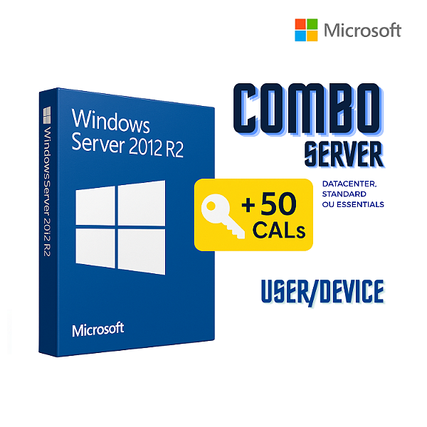 Combo Windows Server 2012 R2 + 50 CALS RDS de Dispositivo/Usuário - Licença Vitalícia - Para 1 Pc - 32/64 Bits + Nota Fiscal