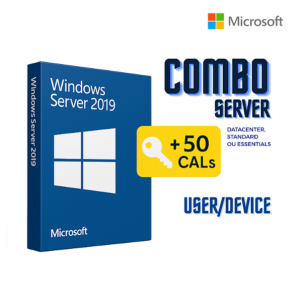 Combo Windows Server 2019 + 50 CALS RDS de Dispositivo/Usuário - Licença Vitalícia - Para 1 Pc - 32/64 Bits + Nota Fiscal