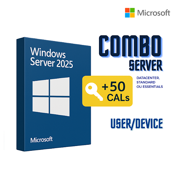 Combo Windows Server 2025 + 50 CALS RDS de Dispositivo/Usuário - Licença Vitalícia  - Para 1 Pc - 32/64 Bits + Nota Fiscal