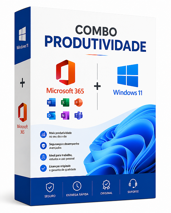 Combo + Produtividade - Microsoft 365 Anual + Windows 11 PRO Vitalício - Envio Rápido por E-mail e Nota Fiscal