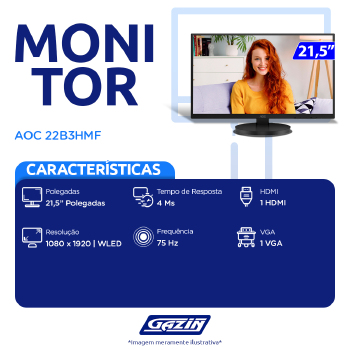Monitor Aoc Led 22b3hmf 21.1p Hdmi Vga Ajust Alt - 22b3hmf
