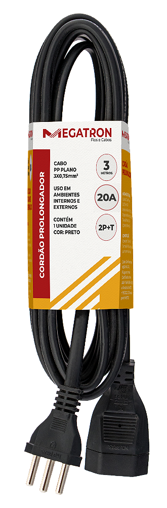 Cabo Prolongador 20a 2p+t 3 Metros Preto 413