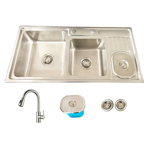 Cuba Dupla Pro Aço Inox com Lixeira e Torneira Clean Escovada
