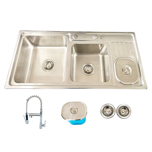 Cuba Dupla Pro Aço Inox 304 com Lixeira e Torneira Dream Cromada