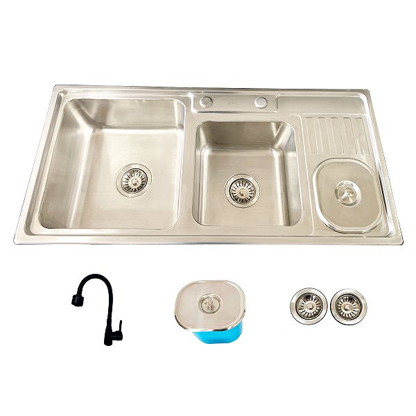 Cuba Dupla Pro Aço Inox 304 com Lixeira e Torneira Sweet Preta