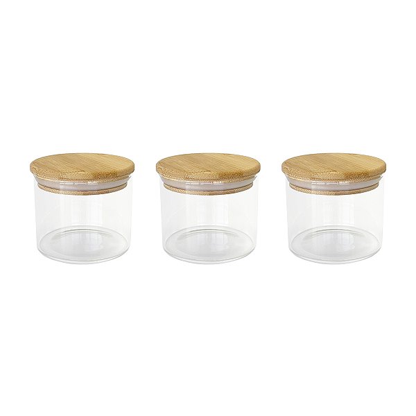 Kit 3 Potes Herméticos de Vidro com Tampa de Bambu 450ml