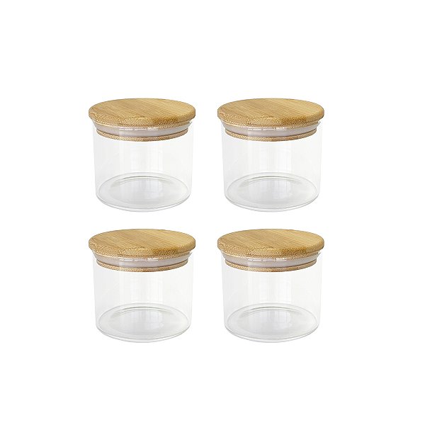 Kit 4 Potes Herméticos de Vidro com Tampa de Bambu 450ml