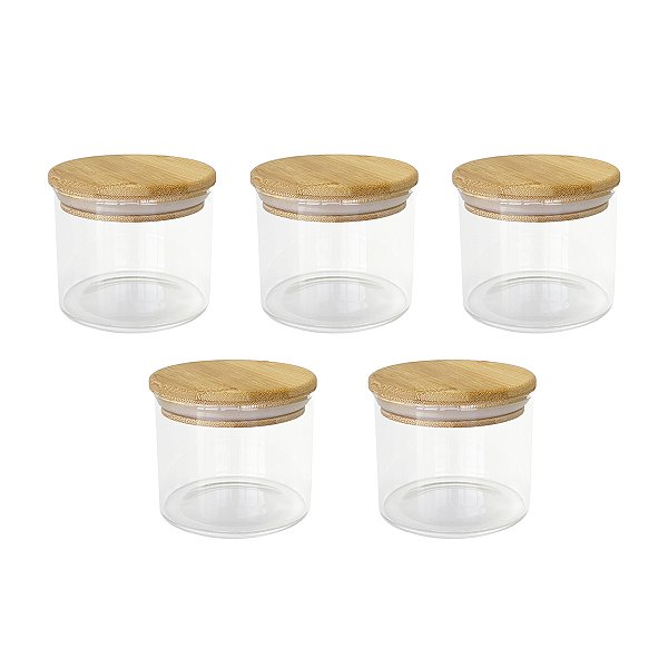 Kit 5 Potes Herméticos de Vidro com Tampa de Bambu 450ml