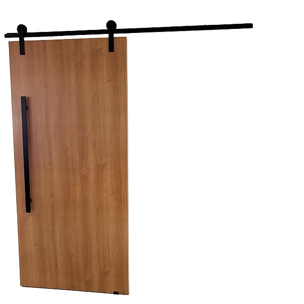 Porta Madeira Carvalho 90cm + Kit De Correr 2m + Puxador Flat Aluminum 1m Preto