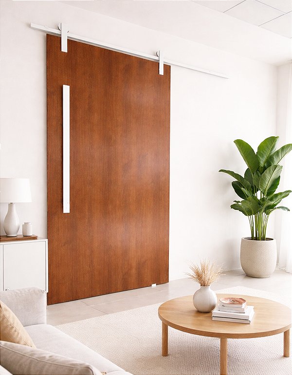 Porta Carvalho 100 cm + Kit de Correr Aluminum 2 m + Puxador Flat Aluminum 1 m Branco