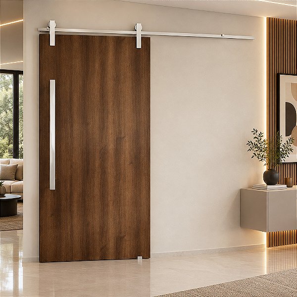 Porta Imbuia 80 cm + Kit de Correr Aluminum 1,5 m + Puxador Flat Aluminum 1 m Escovado