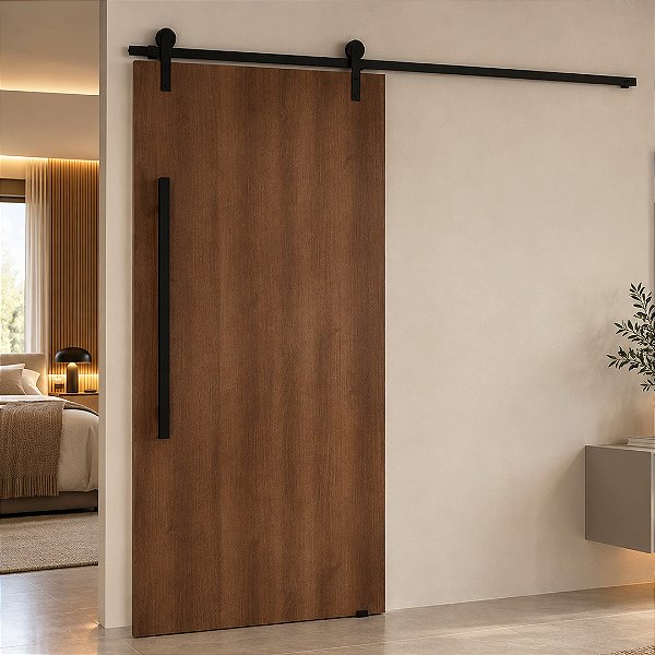 Porta Madeira Imbuia 90cm + Kit De Correr 2m + Puxador Flat Aluminum 1m Preto