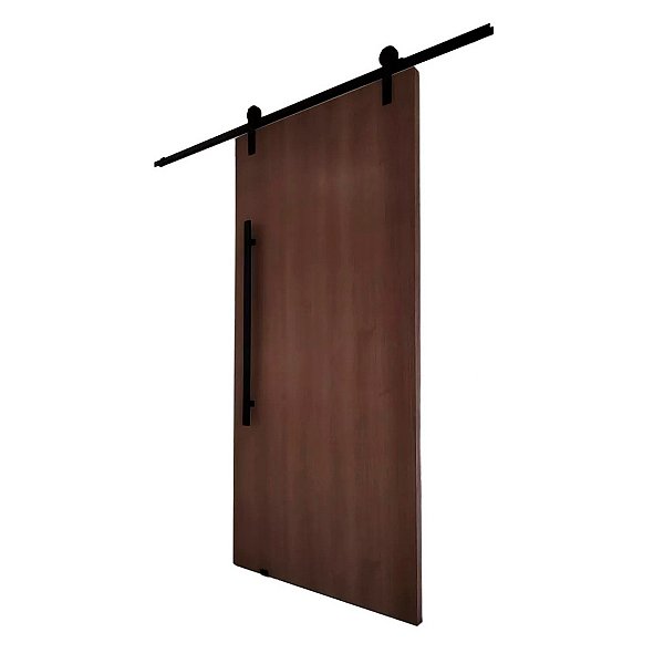 Porta Madeira Imbuia 90cm + Kit De Correr 2m + Puxador Flat Aluminum 1m Preto