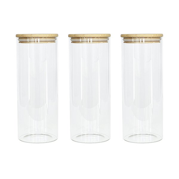 Kit 3 Potes Herméticos de Vidro com Tampa de Bambu 1500ml