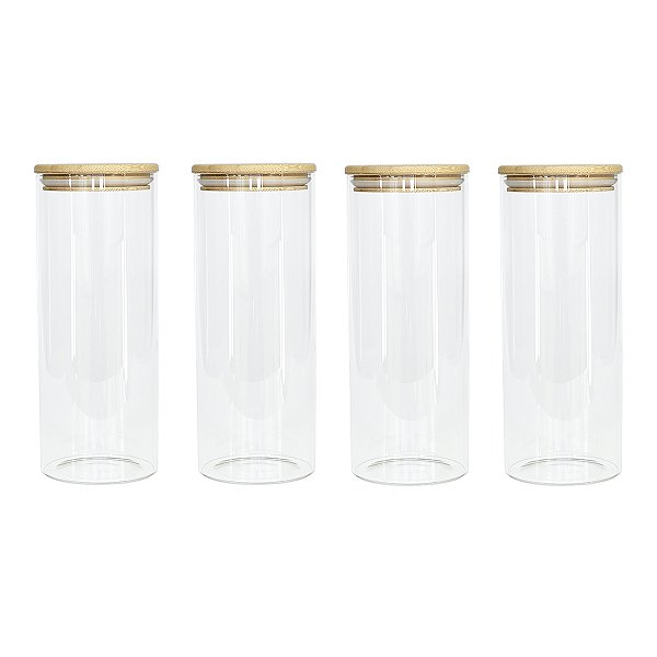 Kit 4 Potes Herméticos de Vidro com Tampa de Bambu 1500ml