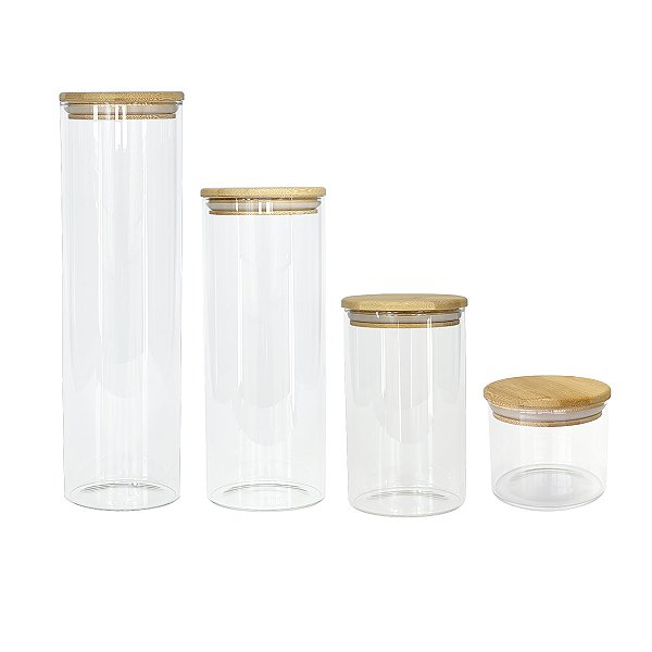 Kit 4 Potes Herméticos de Vidro com Tampa de Bambu 450ml, 1L, 1,5L e 2L