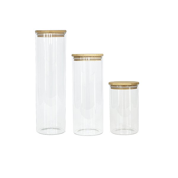 Kit 4 Potes Herméticos de Vidro com Tampa de Bambu 1L, 1,5L e 2L