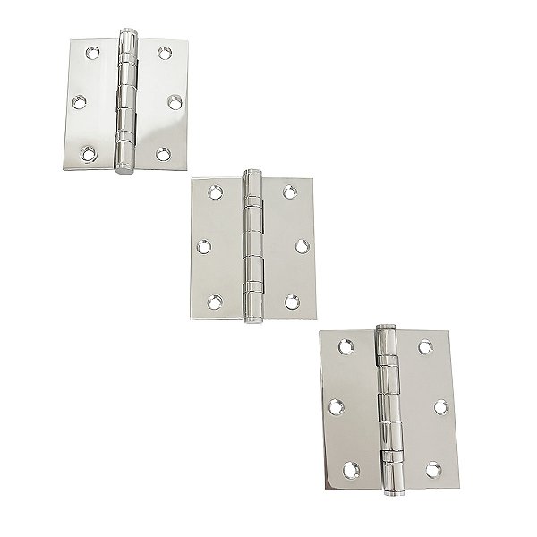 Dobradiças Para Portas Aço Inox 304 Polido 3,5" × 3,0" × 2 mm - 3 UN