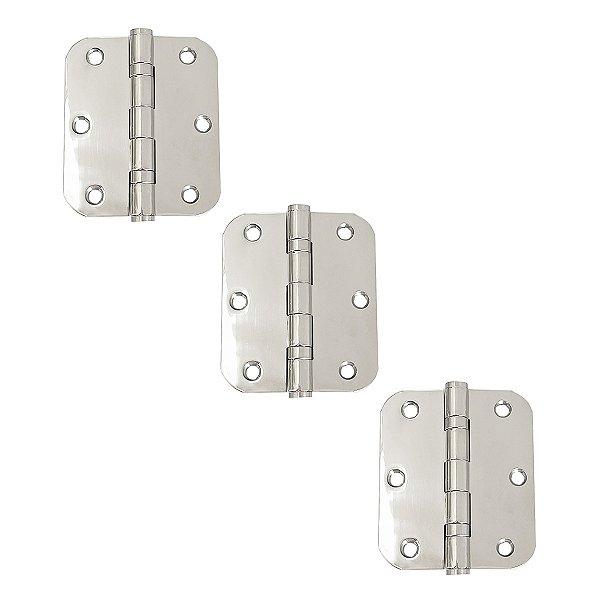 Dobradiças Aço Inox 304 Polido 3,5" × 3,0" × 2 mm Cantos Arredondados - 3 UN